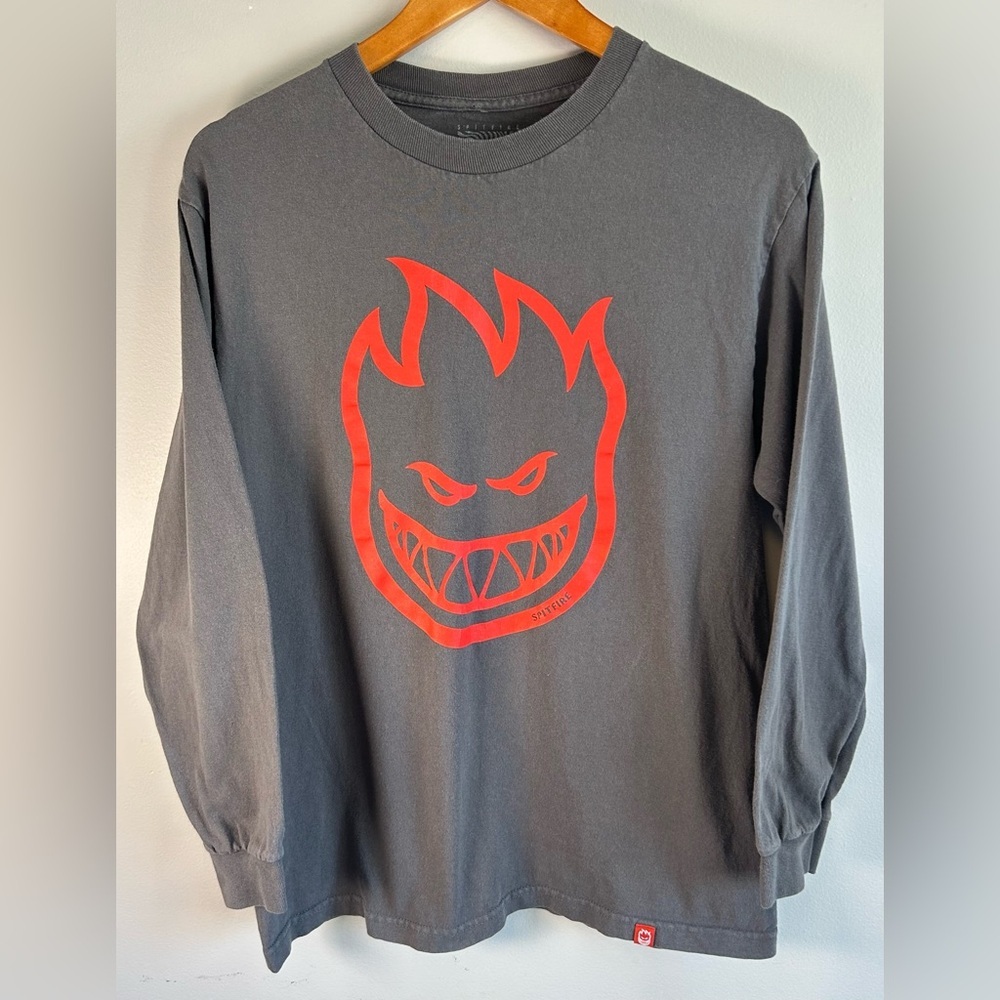 Spitfire Bighead Men’s Logo T-Shirt Men’s M Gray Orange LS Skateboarding Tee